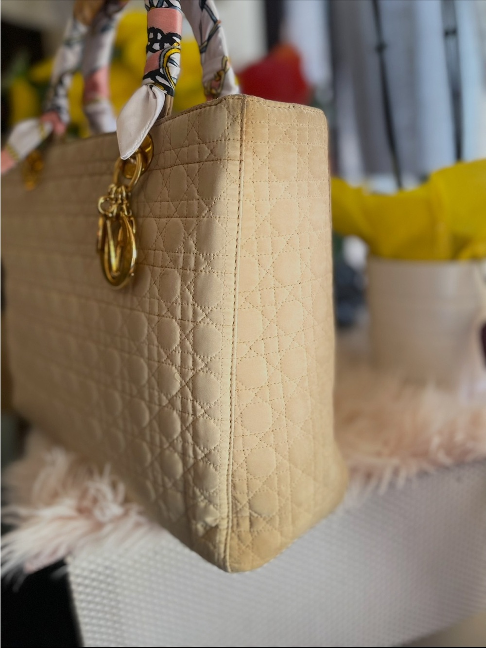 Dior Beige Quilted Tote with Gold Charms and Patterned Handle Wrap - Picture 2 of 10
